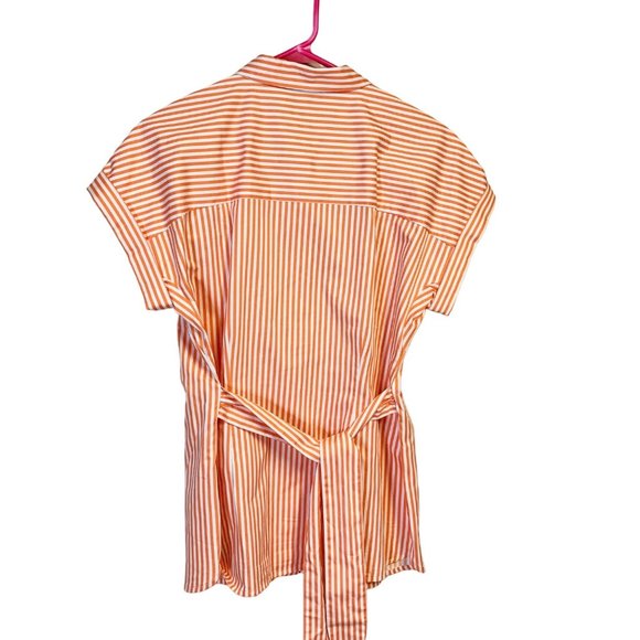 Talbots Womens Short Sleeve Cotton Tie Waist Button Front Stripe Shirt Top Sz MP - Picture 3 of 6
